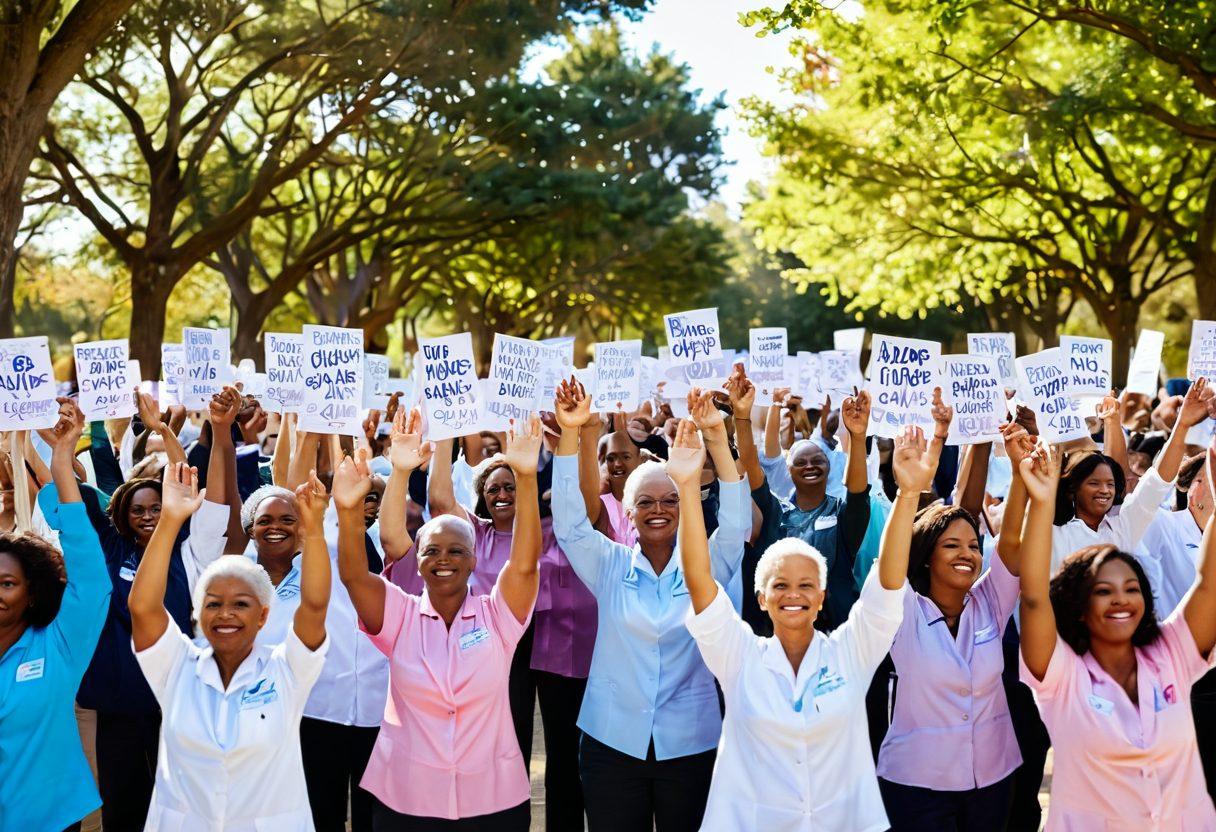 A diverse group of individuals passionately raising their hands in support of cancer awareness, surrounded by vibrant banners displaying messages of hope and information about cancer care. Soft sunlight filters through trees, symbolizing growth and healing. In the background, various healthcare professionals engage with the community, highlighting collaboration and care. The scene conveys a sense of unity and empowerment while maintaining a hopeful atmosphere. super-realistic. vibrant colors. white background.