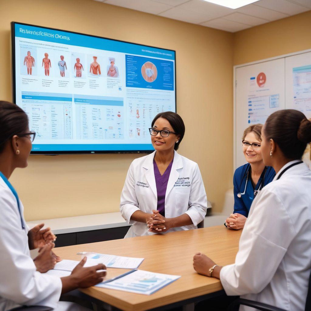 A compassionate oncologist discussing treatment options with a diverse group of patients in a bright, welcoming clinic. Visuals of various treatment plans and supportive care resources are displayed on a large screen, with charts and supportive imagery creating an atmosphere of empowerment and knowledge. The patients show expressions of hope and understanding. super-realistic. vibrant colors. warm atmosphere.