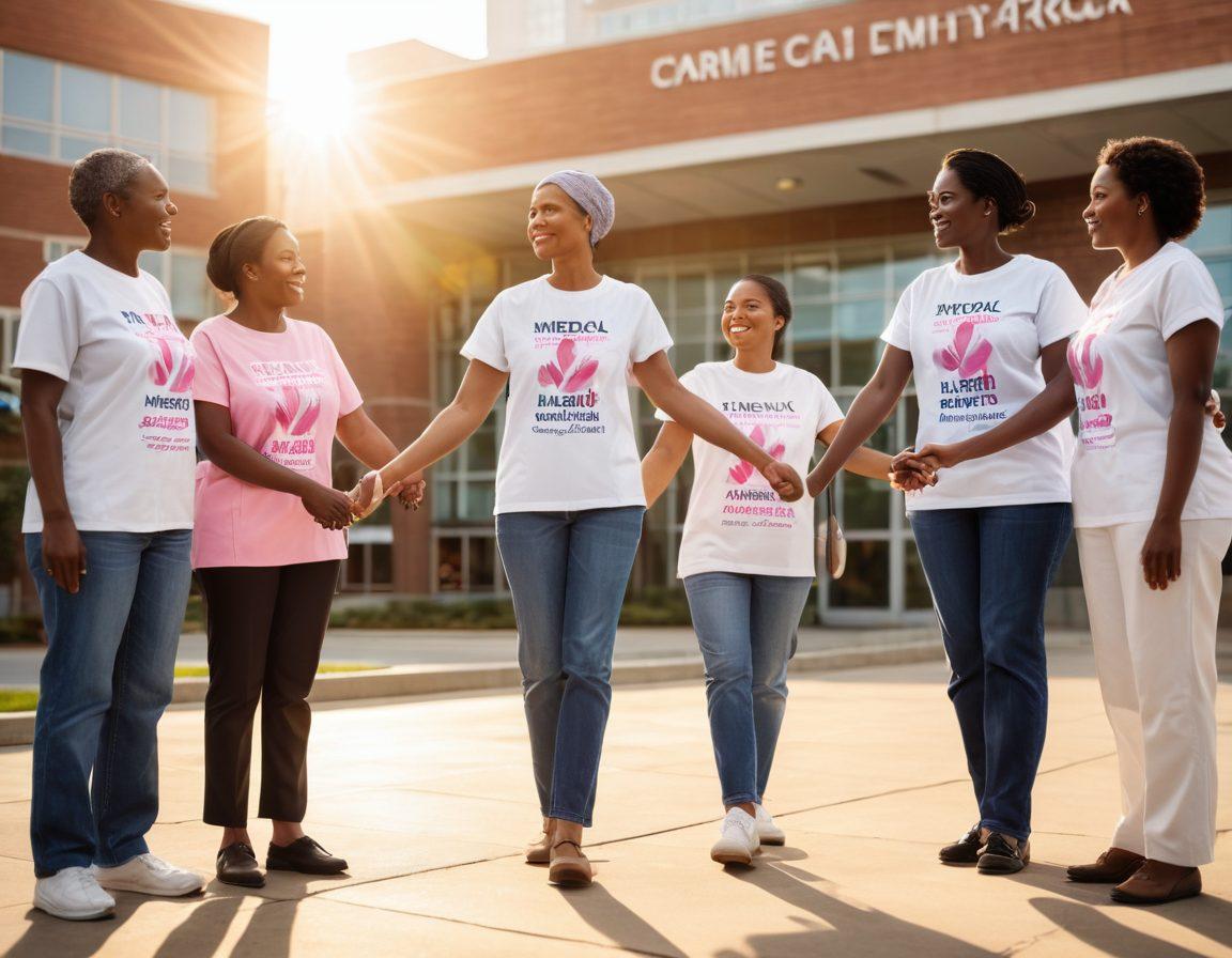 A diverse group of determined individuals holding hands, standing strong in front of a medical building, radiating hope and resilience. Banners of advocacy and awareness flutter in the background, featuring powerful messages about cancer care. The atmosphere is vibrant and uplifting, showcasing a sense of community and support. Soft sunlight beams down, highlighting the unity among patients and advocates. super-realistic. vibrant colors. 3D.
